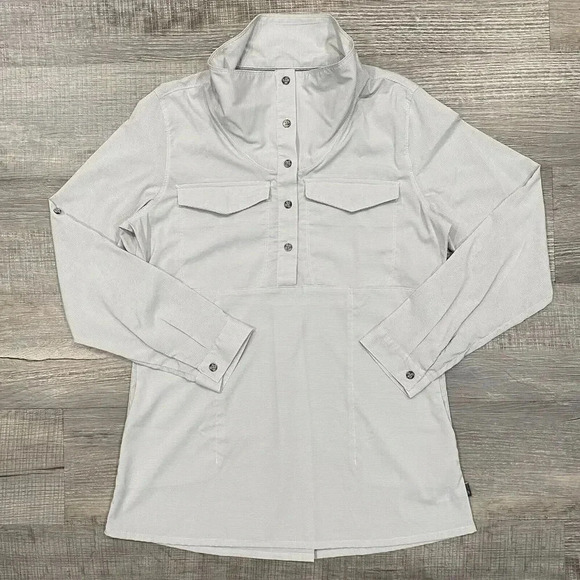 Mountain Hardwear Citypass Shirt Womens Large Gray Popover Striped Roll Tab EUC - Picture 3 of 16